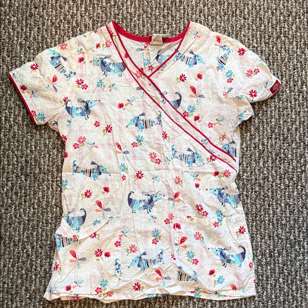 Dickies Women's Short Sleeve Scrub Top with Blue and Red Accents